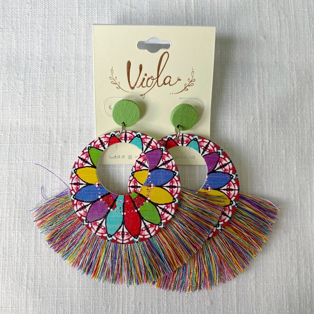 Rainbow Colored Wooden Earrings w/Fringe NWOT